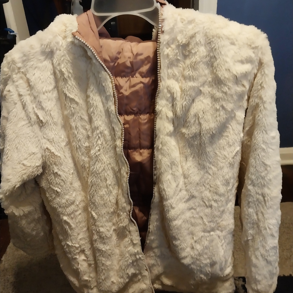 DKNY Ivory and Blush Faux Fur Puffer Jacket